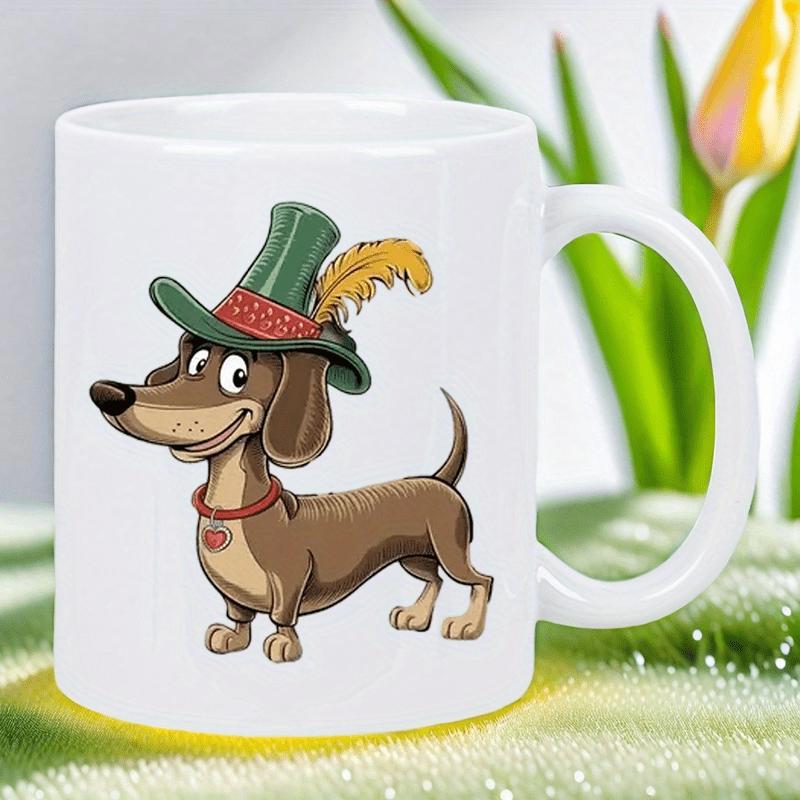 Tailorly White Ceramic 11 oz Mug - Cheerful Cartoon Brown Sausage Dog In Green Tyrolean Hat With Feather Dachshund