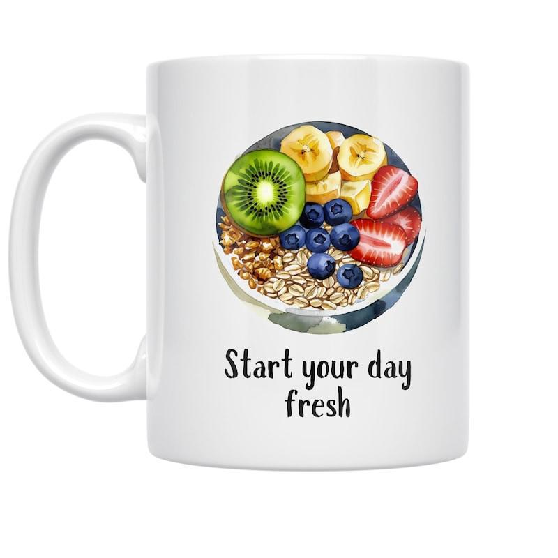 Tailorly White Ceramic 11 oz Mug - Start Your Day Fresh Healthy Sliced Kiwis Bananas Strawberries And Blueberries Inside A Ceramic Breakfast Bowl