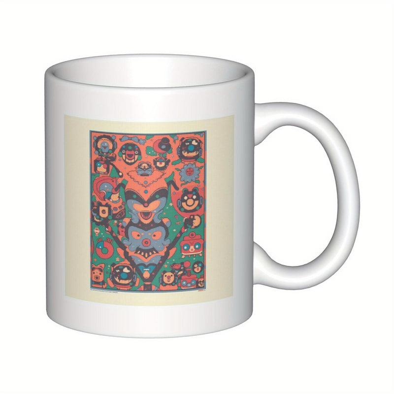 Tailorly White Ceramic 11 oz Mug - Vibrant Colorful Stylized Monster Faces Arranged In A Dense Symmetric Composition Illustration
