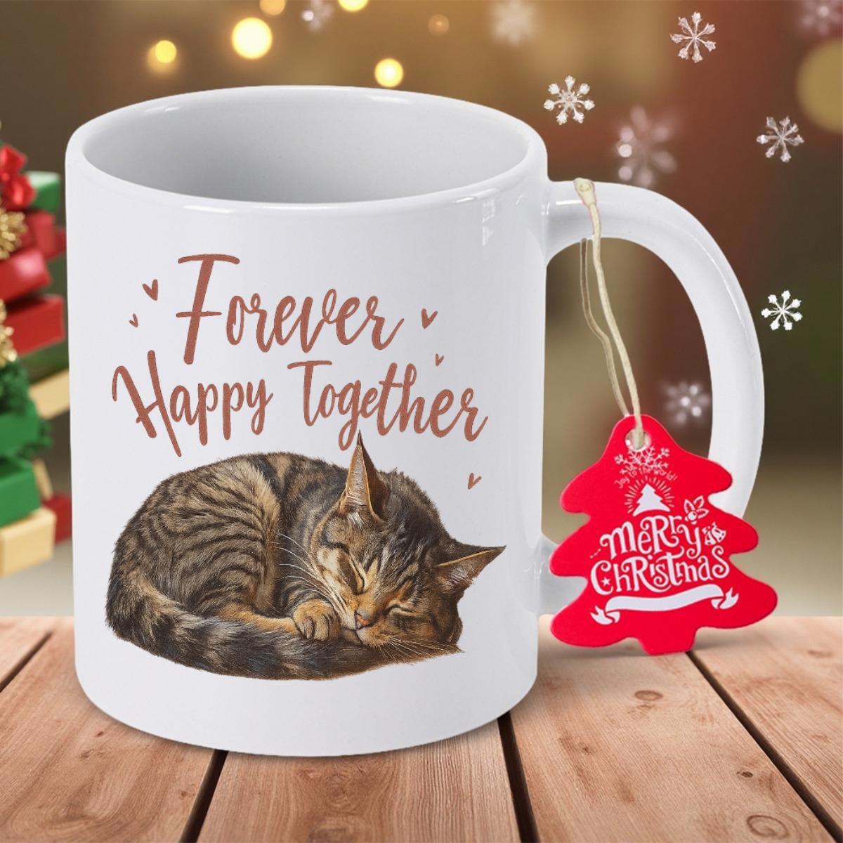 Tailorly White Ceramic 11 oz Mug - Forever Happy Together Realistic Tabby Cat Curled Up And Sleeping Peacefully In A Resting Pose Cat