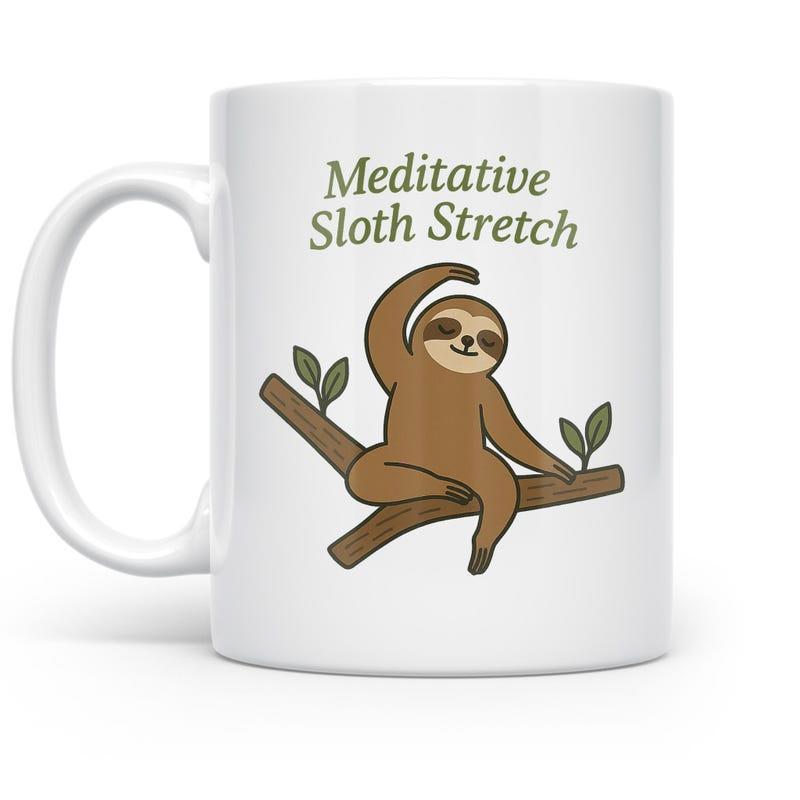 Tailorly White Ceramic 11 oz Mug - Meditative Sloth Stretch Adorable Brown Character Relaxing While Stretching On A Branch With Leaves Sloth