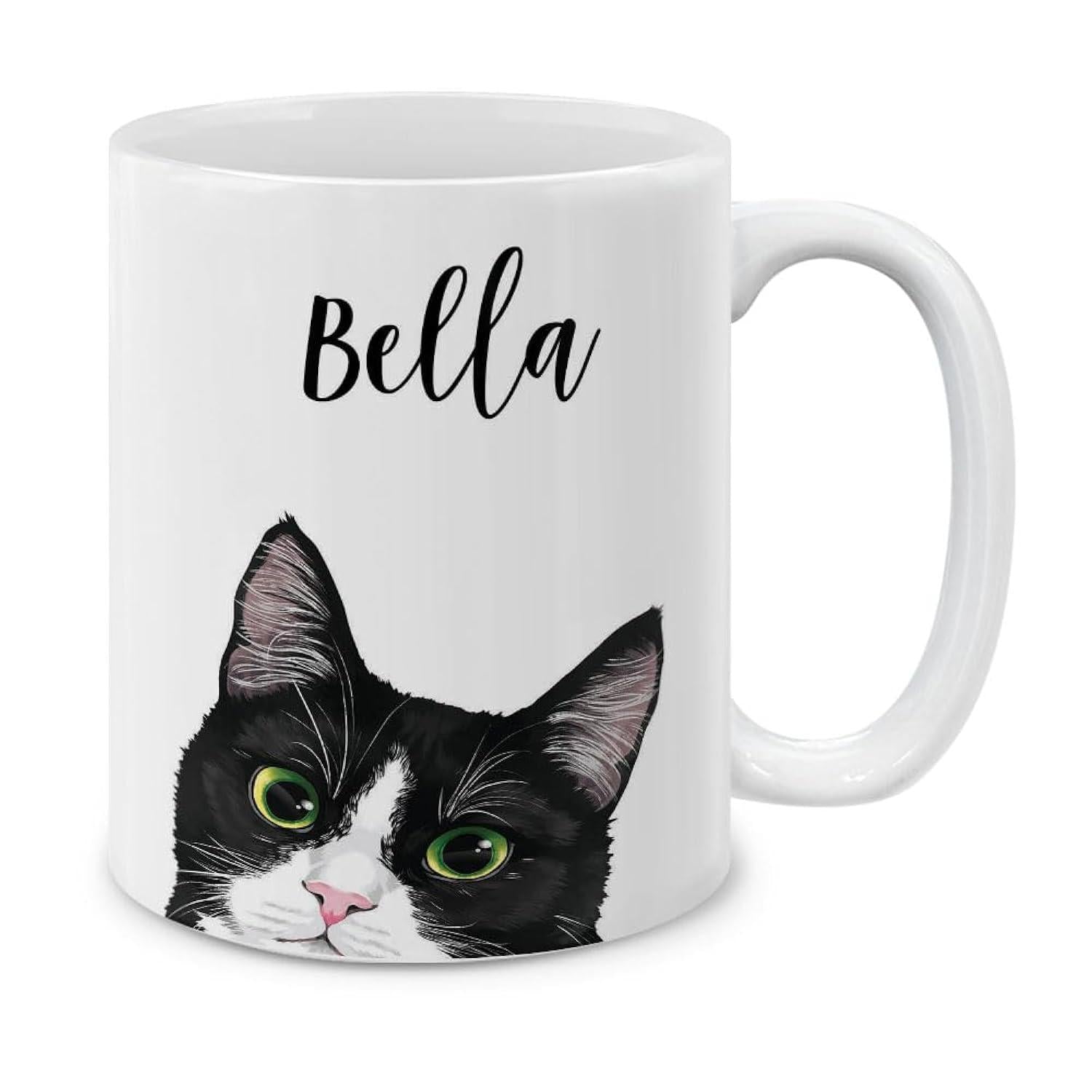 Tailorly White Ceramic 11 oz Mug - Bella Hand Drawn Tuxedo Feline Peeking With Curious Bright Green Eyes Cat