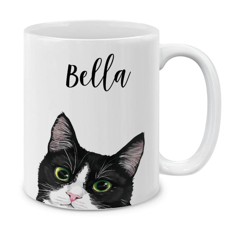 Tailorly White Ceramic 11 oz Mug - Bella Hand Drawn Tuxedo Feline Peeking With Curious Bright Green Eyes Cat