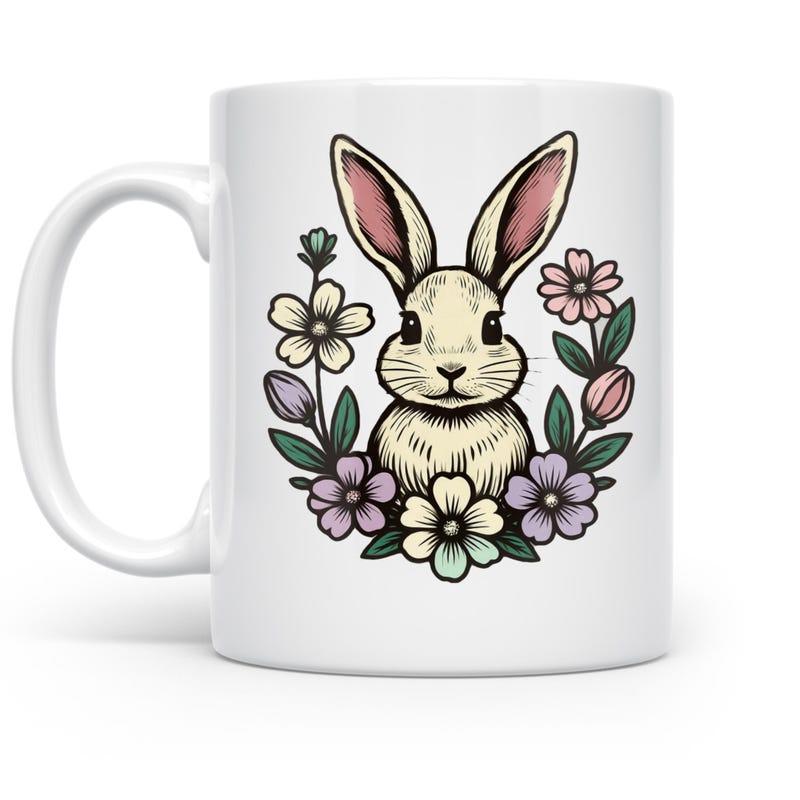 Tailorly White Ceramic 11 oz Mug - Cute Hand Drawn Bunny Nestled Within A Colorful Spring Floral Wreath Rabbit