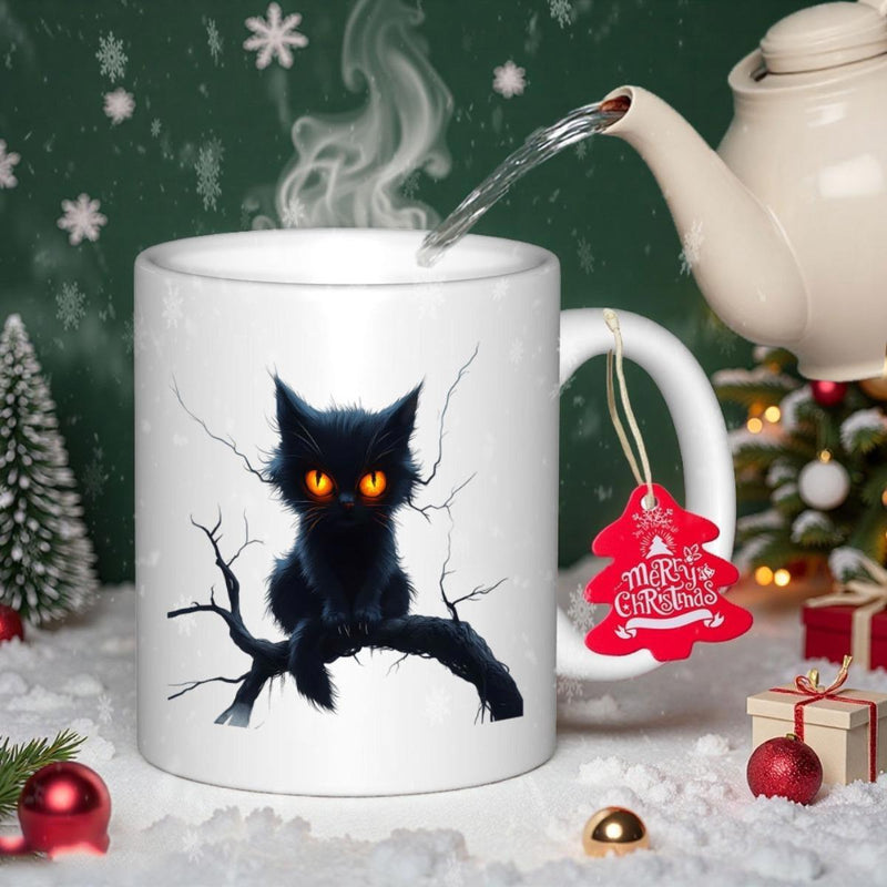 Tailorly White Ceramic 11 oz Mug - Merry Christmas Spooky Black Kitty With Glowing Orange Eyes Perched On Winter Branches Cat