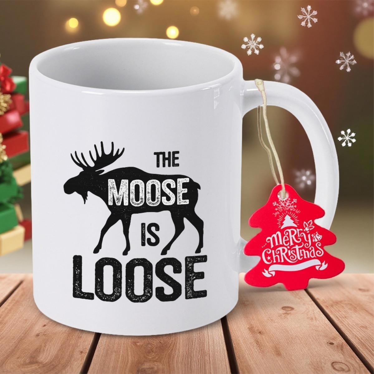 Tailorly White Ceramic 11 oz Mug - The Moose Is Loose Merry Christmas Bold Black Animal Silhouette Standing On Polished Plain Moose