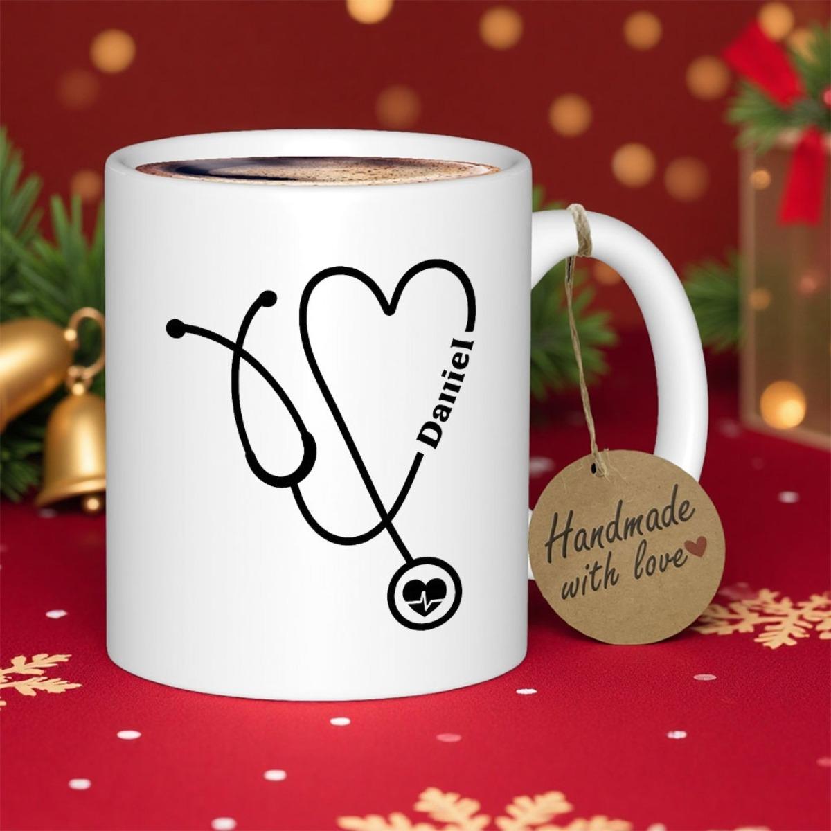 Tailorly White Ceramic 11 oz Mug - Daniel Minimalist Black Line Drawing Incorporating Medical Equipment With Love Heart Shape Stethoscope
