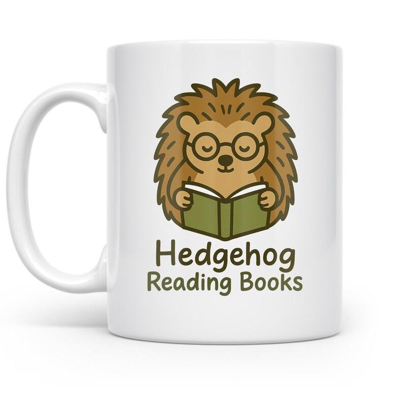 Tailorly White Ceramic 11 oz Mug - Hedgehog Reading Books Cute Spiky Brown Animal Wearing Glasses Studiously Reading A Green Book Hedgehog