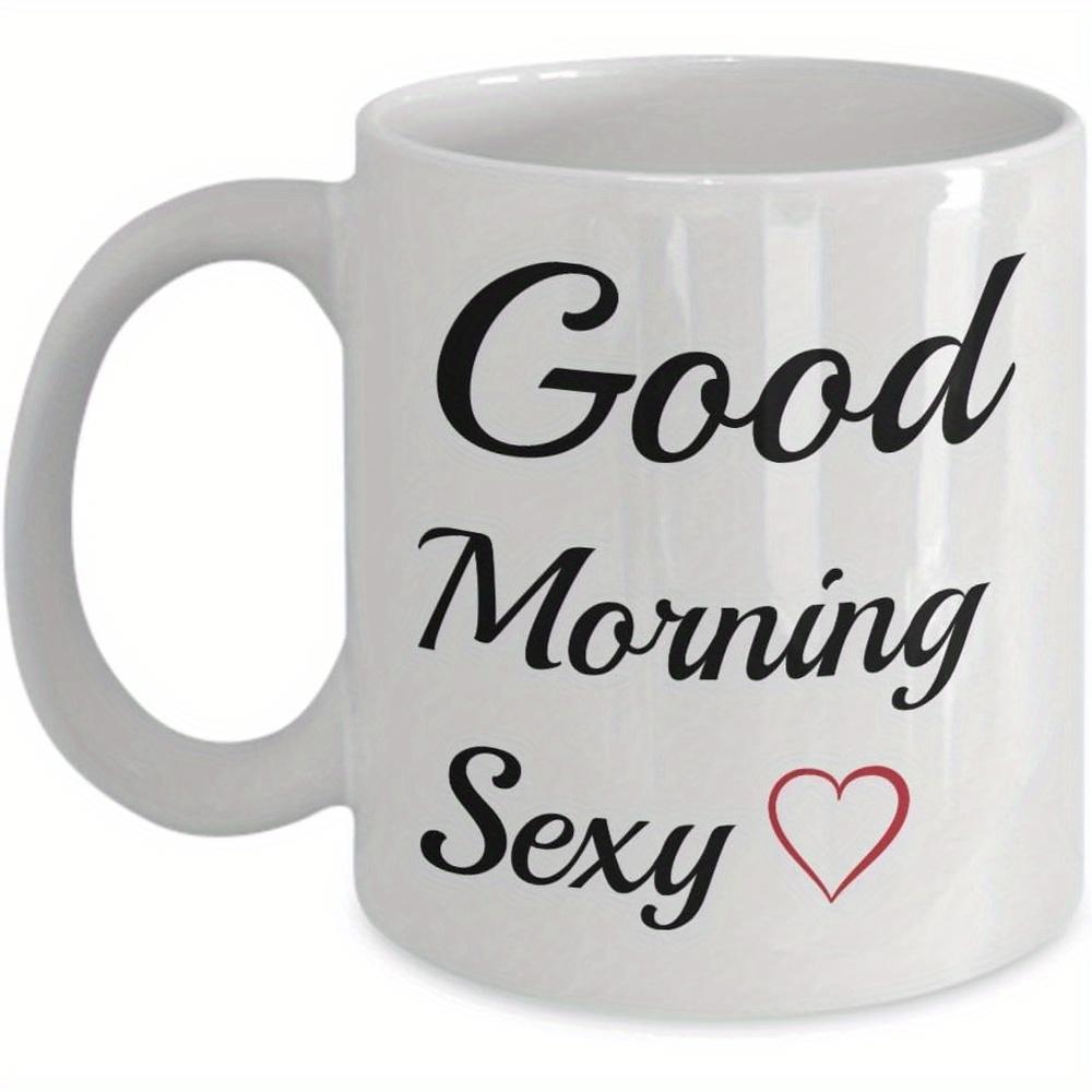 Tailorly White Ceramic 11 oz Mug - Good Morning Sexy Elegant Minimalist Red Outline Symbol Accompanying Delicate Cursive Script Typography Heart