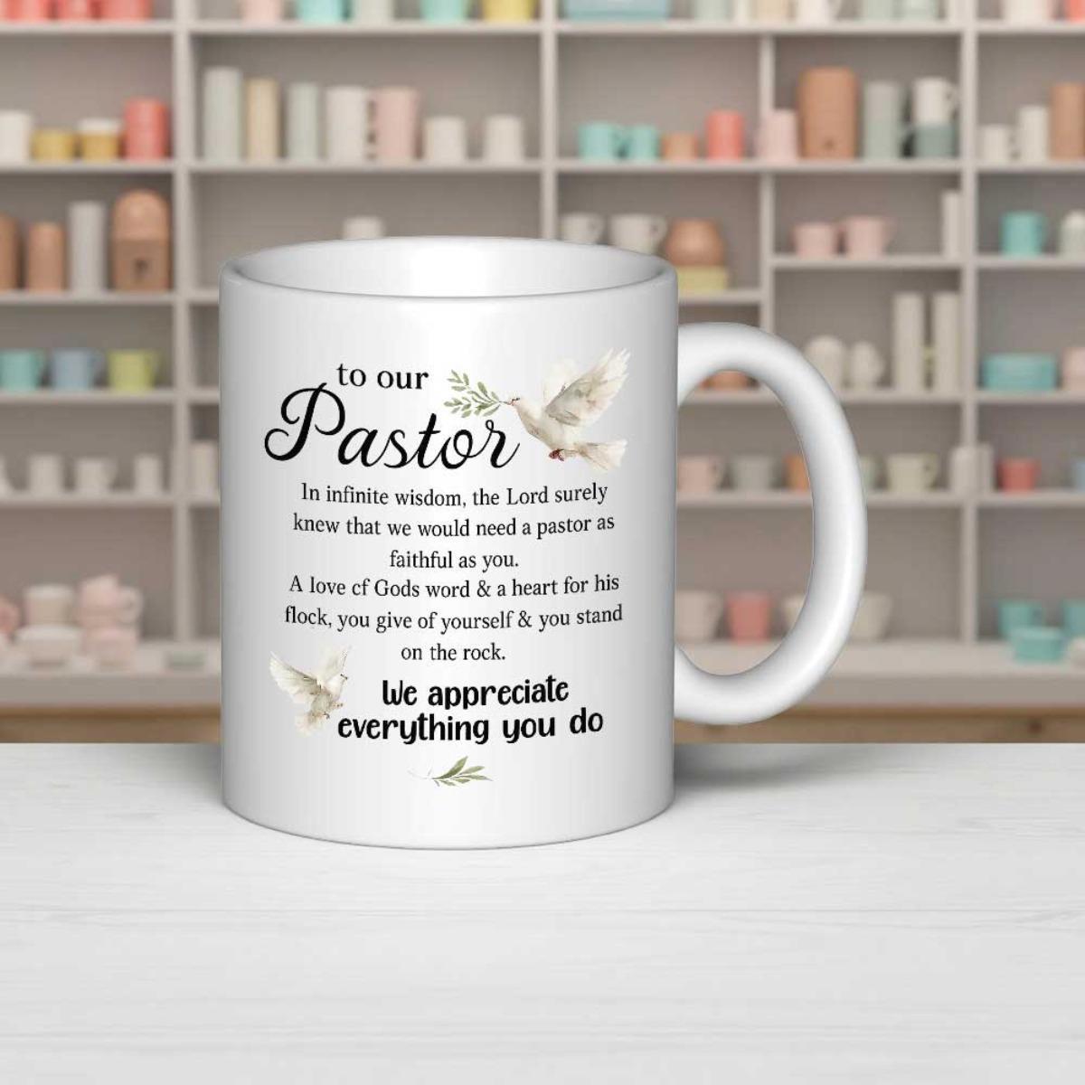 Tailorly White Ceramic 11 oz Mug - To Our Pastor We Appreciate Everything You Do Doves Carrying Olive Branches Flying Around Sacred Scriptural Appreciation Message