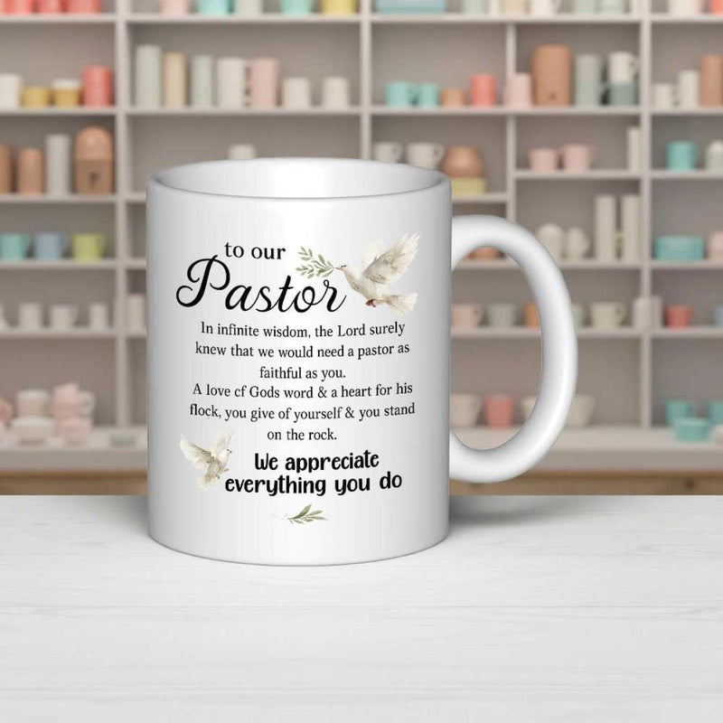 Tailorly White Ceramic 11 oz Mug - To Our Pastor We Appreciate Everything You Do Doves Carrying Olive Branches Flying Around Sacred Scriptural Appreciation Message