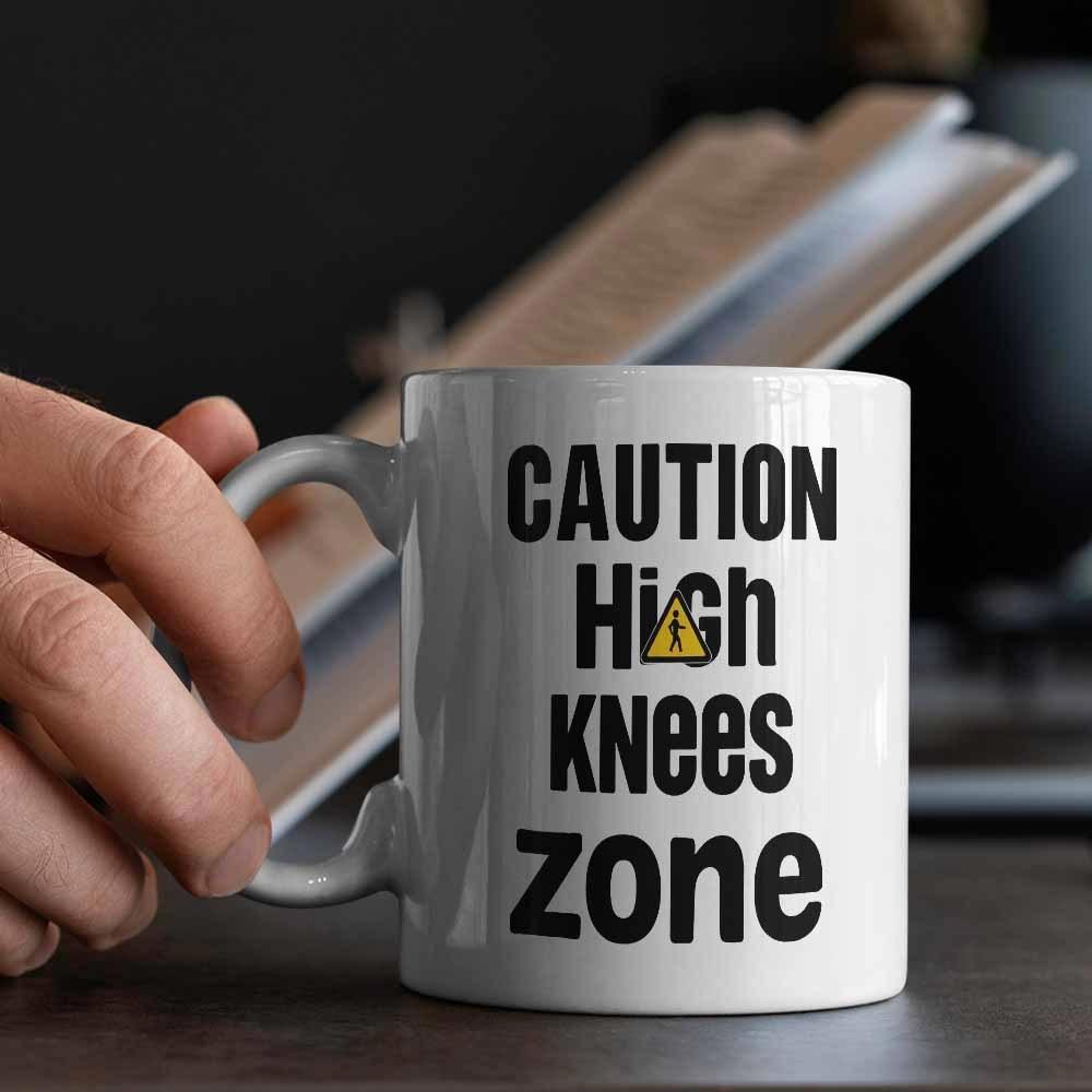 Tailorly White Ceramic 11 oz Mug - Caution High Knees Zone Bold Black Lettering With A Small Yellow Warning Sign Mug