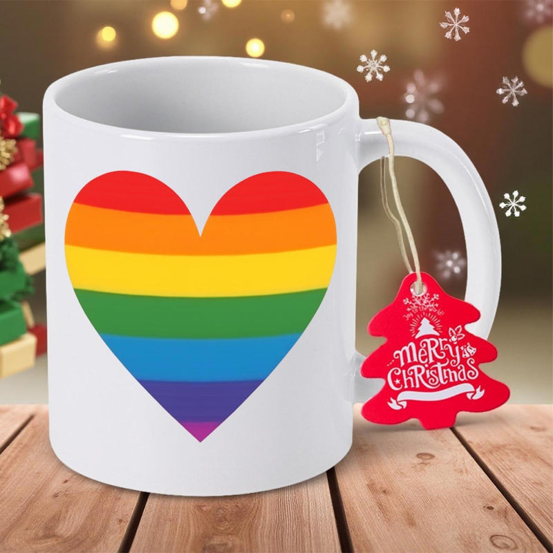 Tailorly White Ceramic 11 oz Mug - Merry Christmas Vibrant Colorful Rainbow Stripes Forming A Large Symmetric Romantic Shape Heart