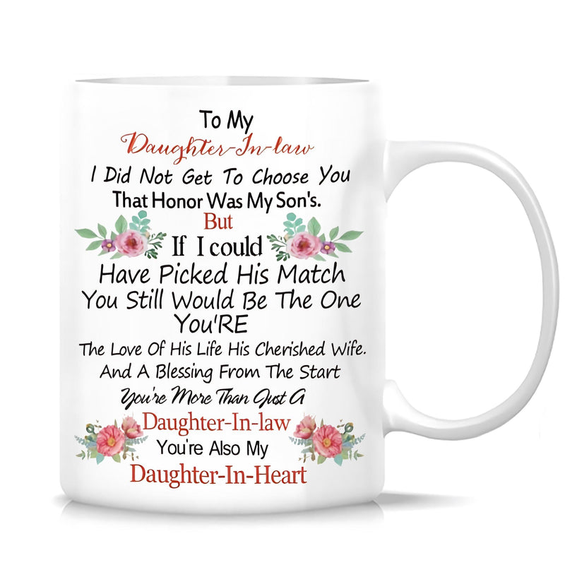 Tailorly White Ceramic 11 oz Mug - To My Daughter In Law Daughter In Heart Elegant Blossoming Pink Roses With Soft Green Leaves Arranged In Delicate Bouquets