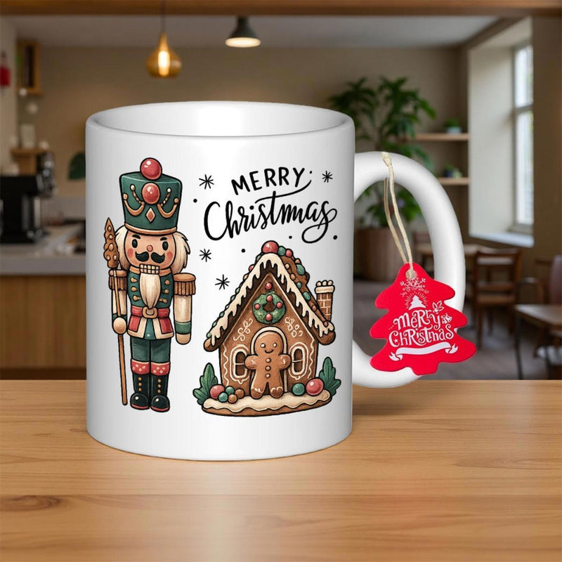 Tailorly White Ceramic 11 oz Mug - Merry Christmas Traditional Festive Soldier Standing Beside Hand Drawn Gingerbread House Under Snow Nutcracker