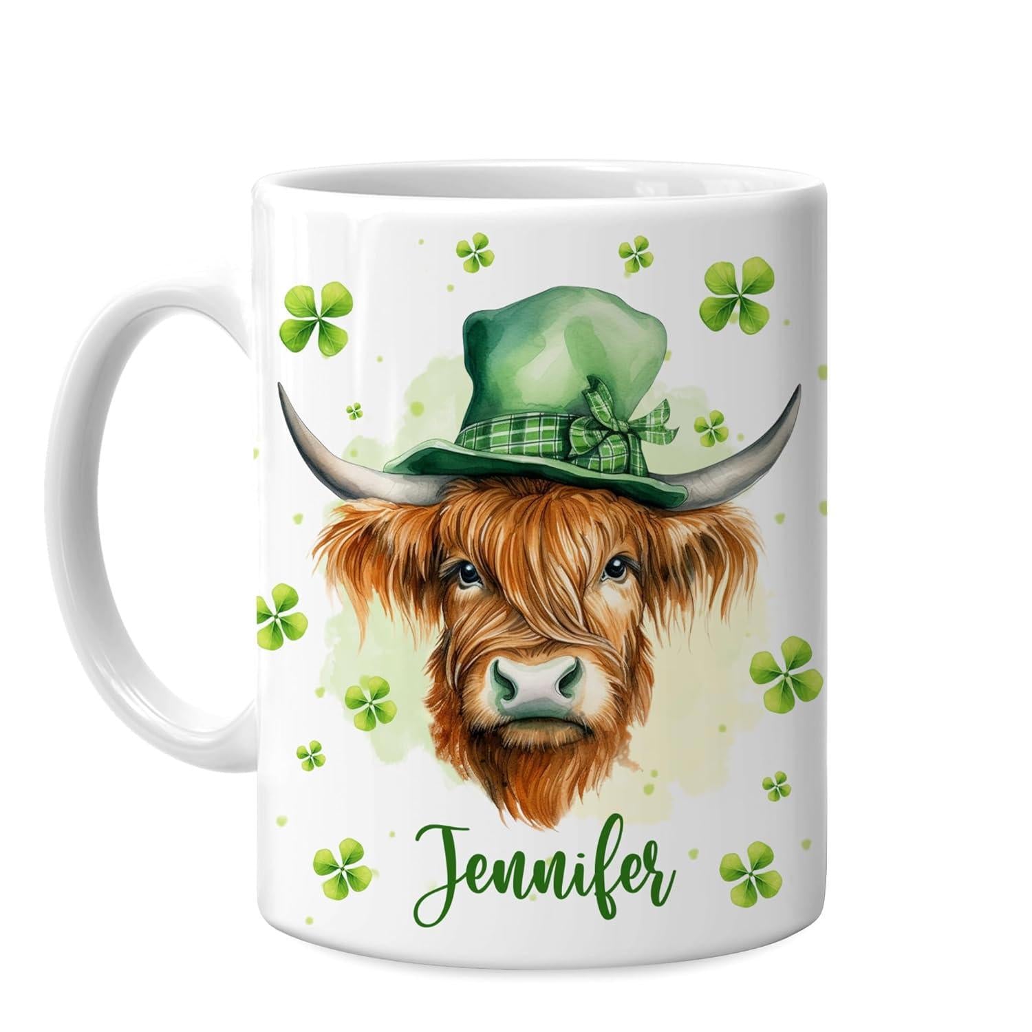 Tailorly White Ceramic 11 oz Mug - Jennifer Fluffy Watercolor Highland Cow Wearing Festive Green Hat Among Lucky Clovers Cow