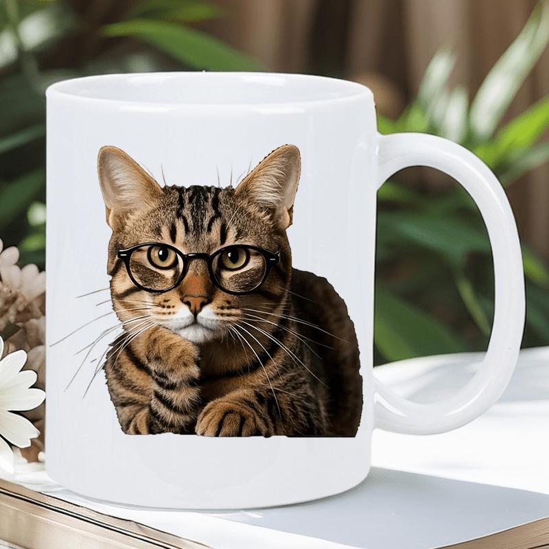 Tailorly White Ceramic 11 oz Mug - Intelligent Brown Tabby Wearing Classic Black Frame Glasses Sitting In Thoughtful Pose Cat