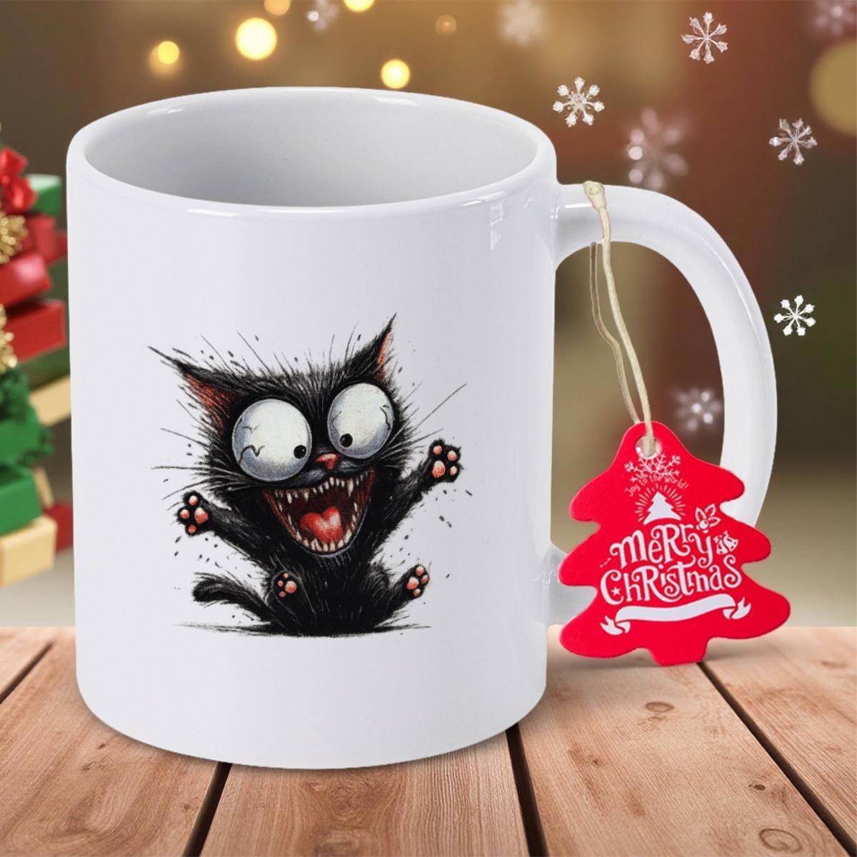 Tailorly White Ceramic 11 oz Mug - Merry Christmas Energetic Fluffy Feline With Large Curious Eyes Sitting On Ceramic Cat