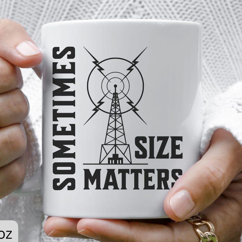 Tailorly White Ceramic 11 oz Mug - Sometimes Size Matters Detailed Industrial Radio Transmission Tower Emitting Electric Signal Lightning Bolts Tower