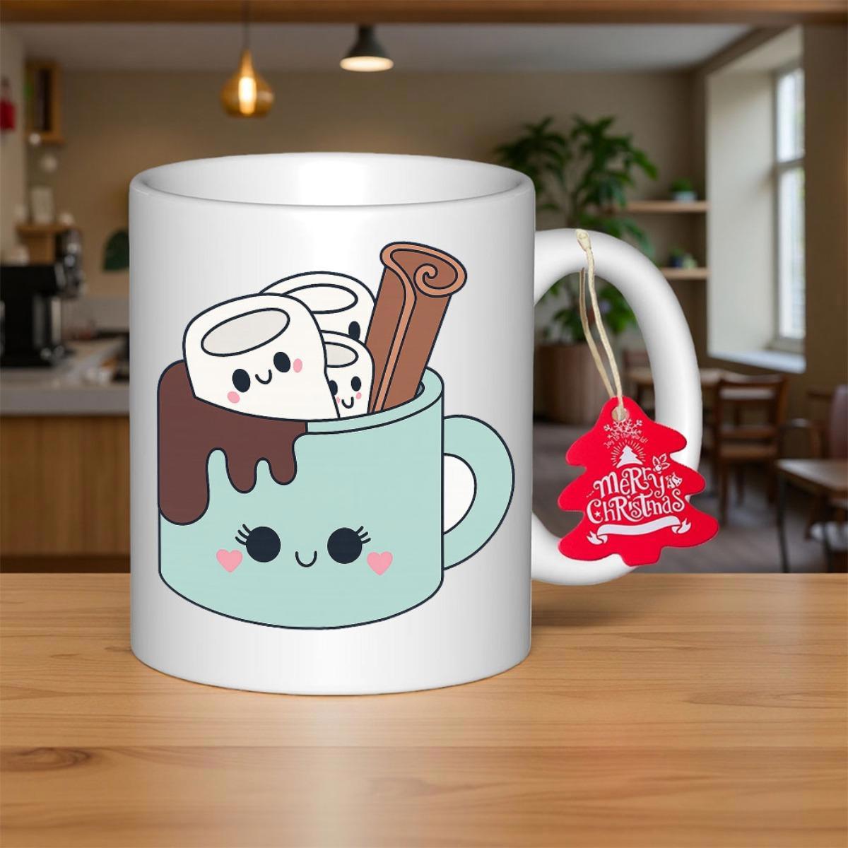 Tailorly White Ceramic 11 oz Mug - Merry Christmas Adorable Cartoon Hot Cocoa Filled With Smiling Marshmallows And Cinnamon Stick Mug