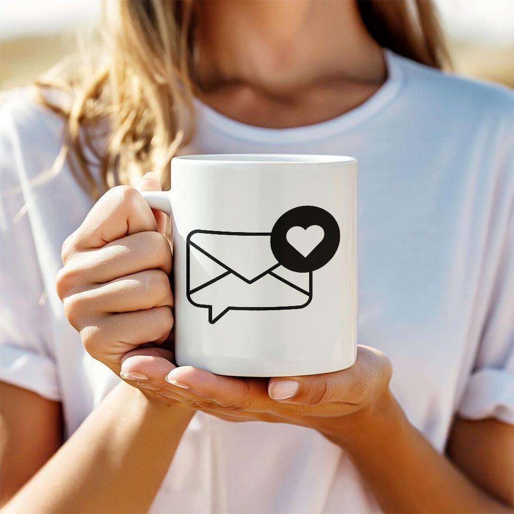 Tailorly White Ceramic 11 oz Mug - Simple Black Ink Style Design Showcasing A Heart Notification Mail Envelope