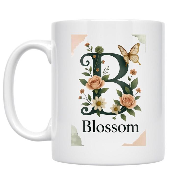 Tailorly White Ceramic 11 oz Mug - Blossom Elegant Serif Initial B Decorated With Vintage Roses And Fluttering Butterfly Letter