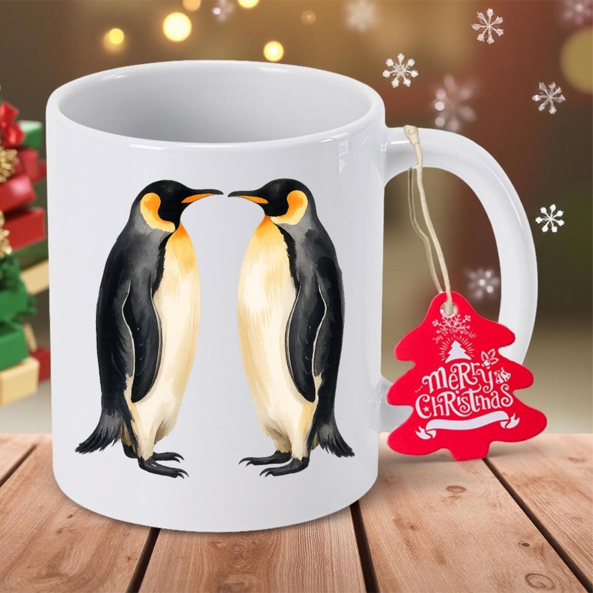 Tailorly White Ceramic 11 oz Mug - Merry Christmas Two Realistic Emperor Penguins Standing Face To Face Under Festive Lights Penguin