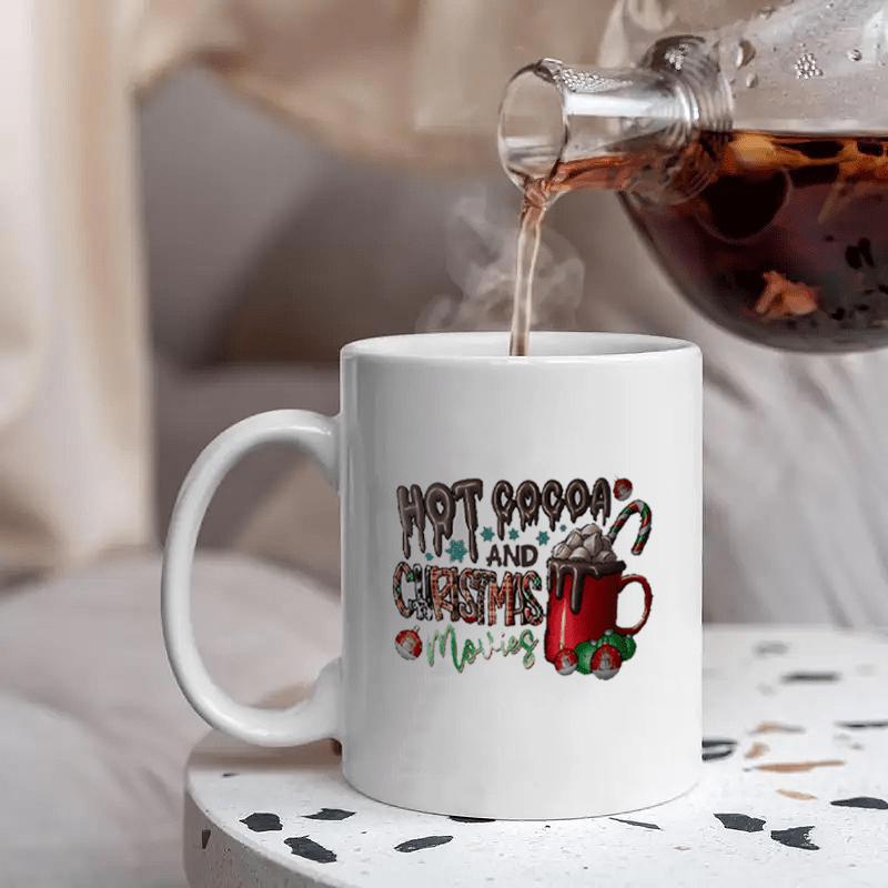 Tailorly White Ceramic 11 oz Mug - Hot Cocoa And Christmas Movies Festive Red Cup With Fluffy Whipped Cream And Peppermint Candy Cane Mug