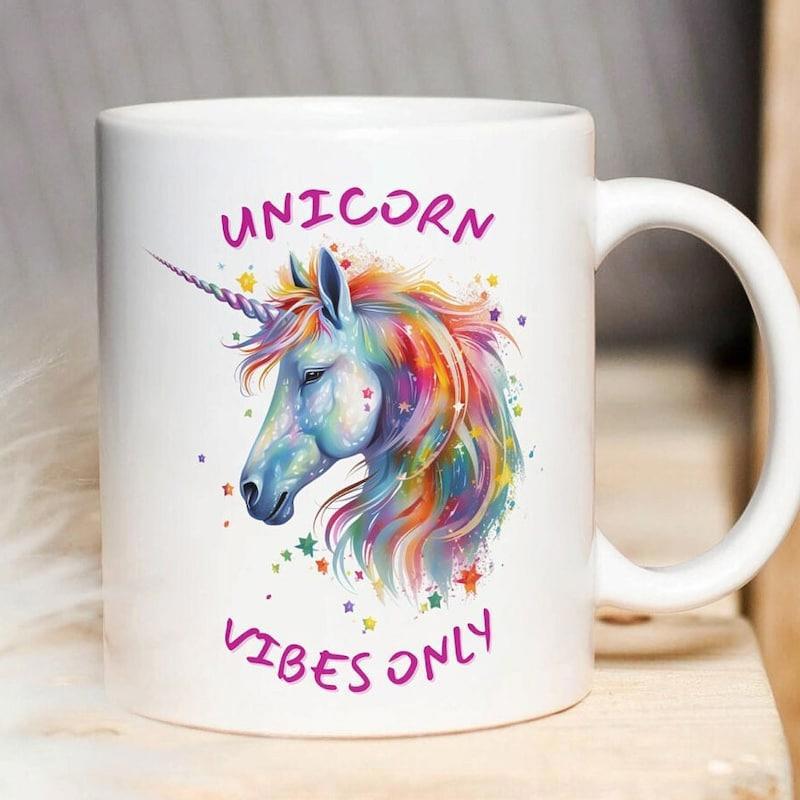 Tailorly White Ceramic 11 oz Mug - Unicorn Vibes Only Vibrant Rainbow Mane Flowing With Sparkling Magical Colorful Stars Unicorn