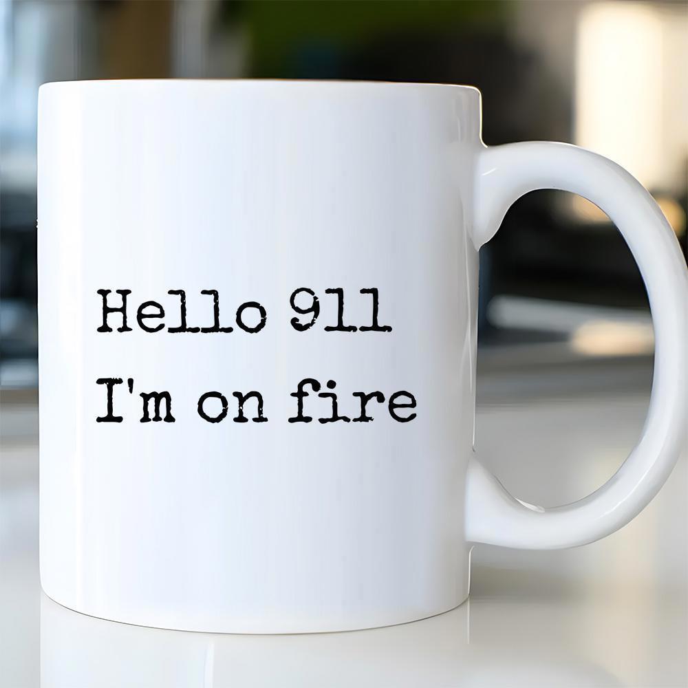 Tailorly White Ceramic 11 oz Mug - Hello 911 Im On Fire Minimalist White Ceramic Vessel Featuring Simple Black Typewriter Typography Style Mug