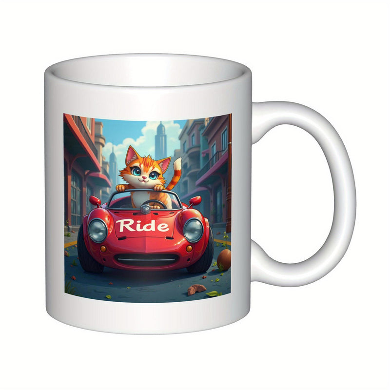 Tailorly White Ceramic 11 oz Mug - Ride Adorable Ginger Cat Driving A Classic Red Vintage Sports Car Cat