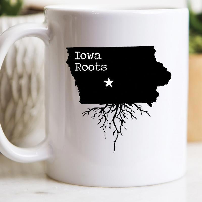 Tailorly White Ceramic 11 oz Mug - Iowa Roots Black State Silhouette With Growing Tree Roots And Star Map