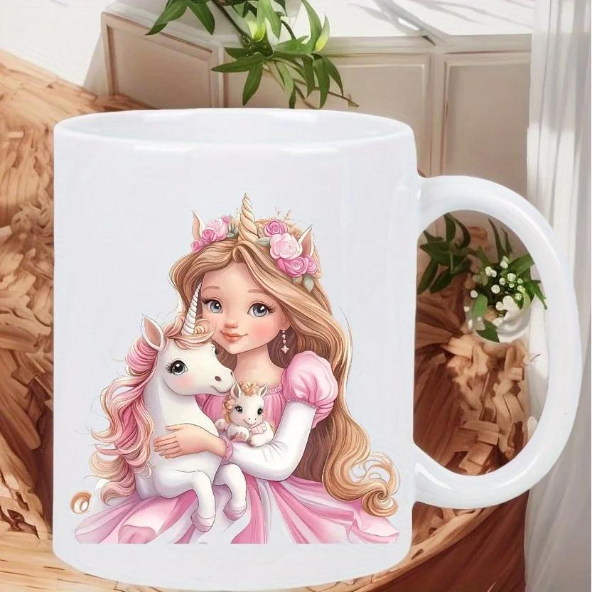 Tailorly White Ceramic 11 oz Mug - Enchanted Fairytale Princess With Flowing Hair Holding A Magical White Unicorn Girl