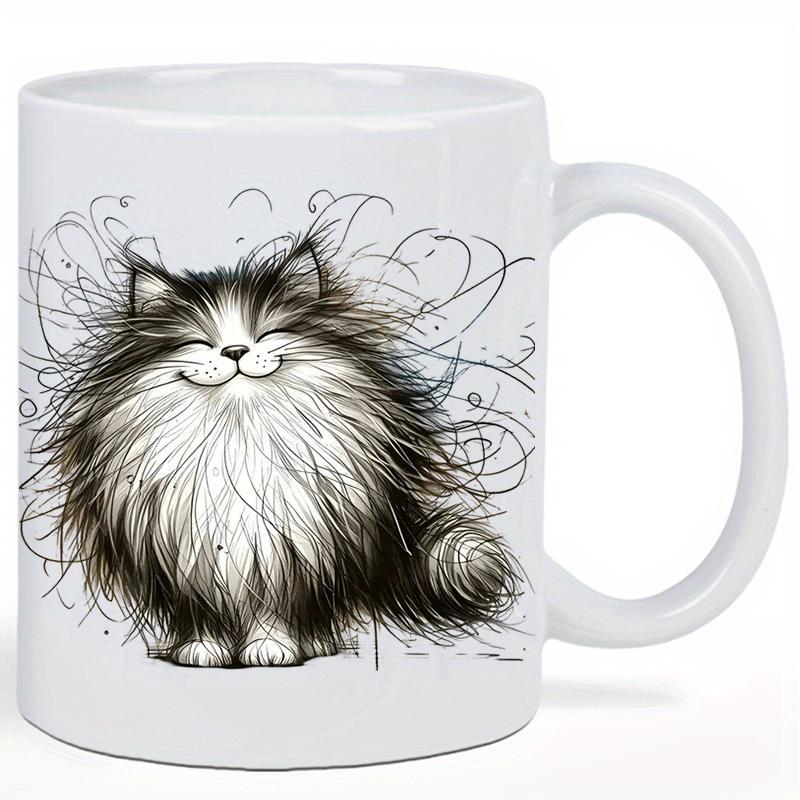Tailorly White Ceramic 11 oz Mug - Adorable Long Haired Fluffy Kitten With Messy Artistic Scribble Lines Background Cat