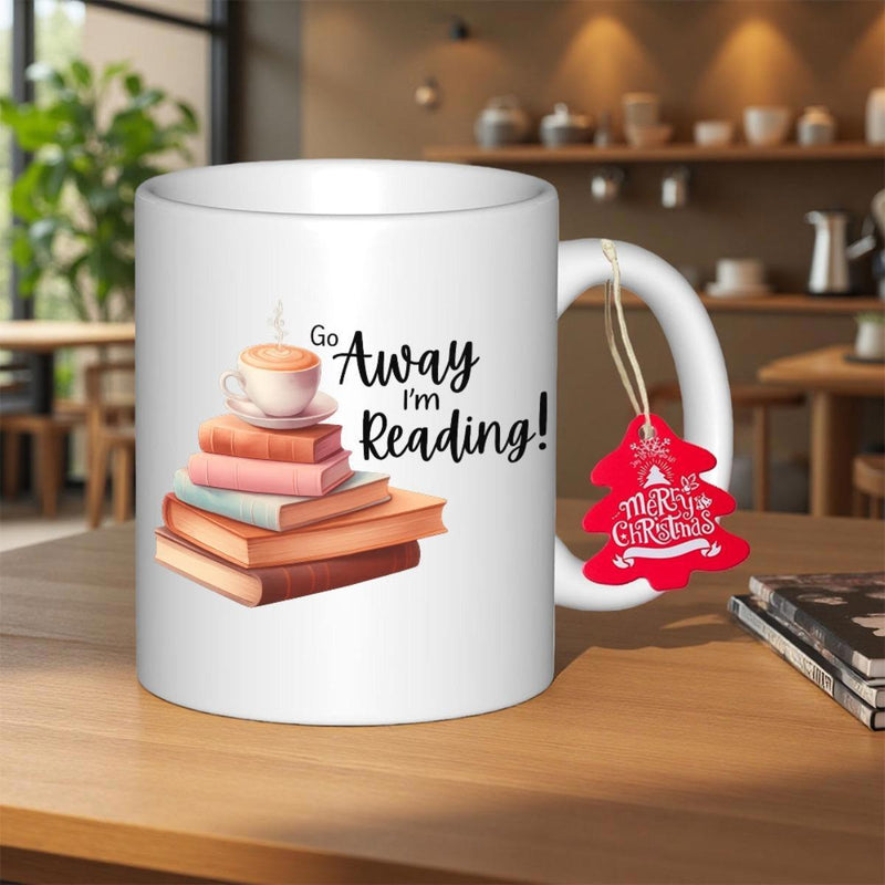 Tailorly White Ceramic 11 oz Mug - Go Away I'm Reading Colorful Stacked Hardcover With Steaming Cup Of Coffee Books