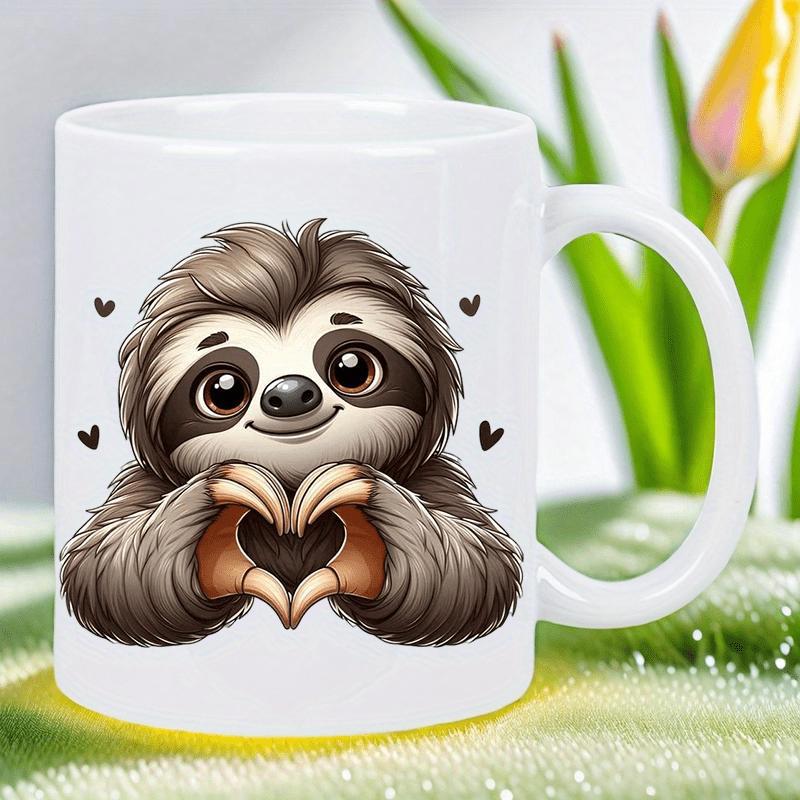 Tailorly White Ceramic 11 oz Mug - Adorable Cartoon Animal Making Heart Shape With Hands Among Small Hearts Sloth