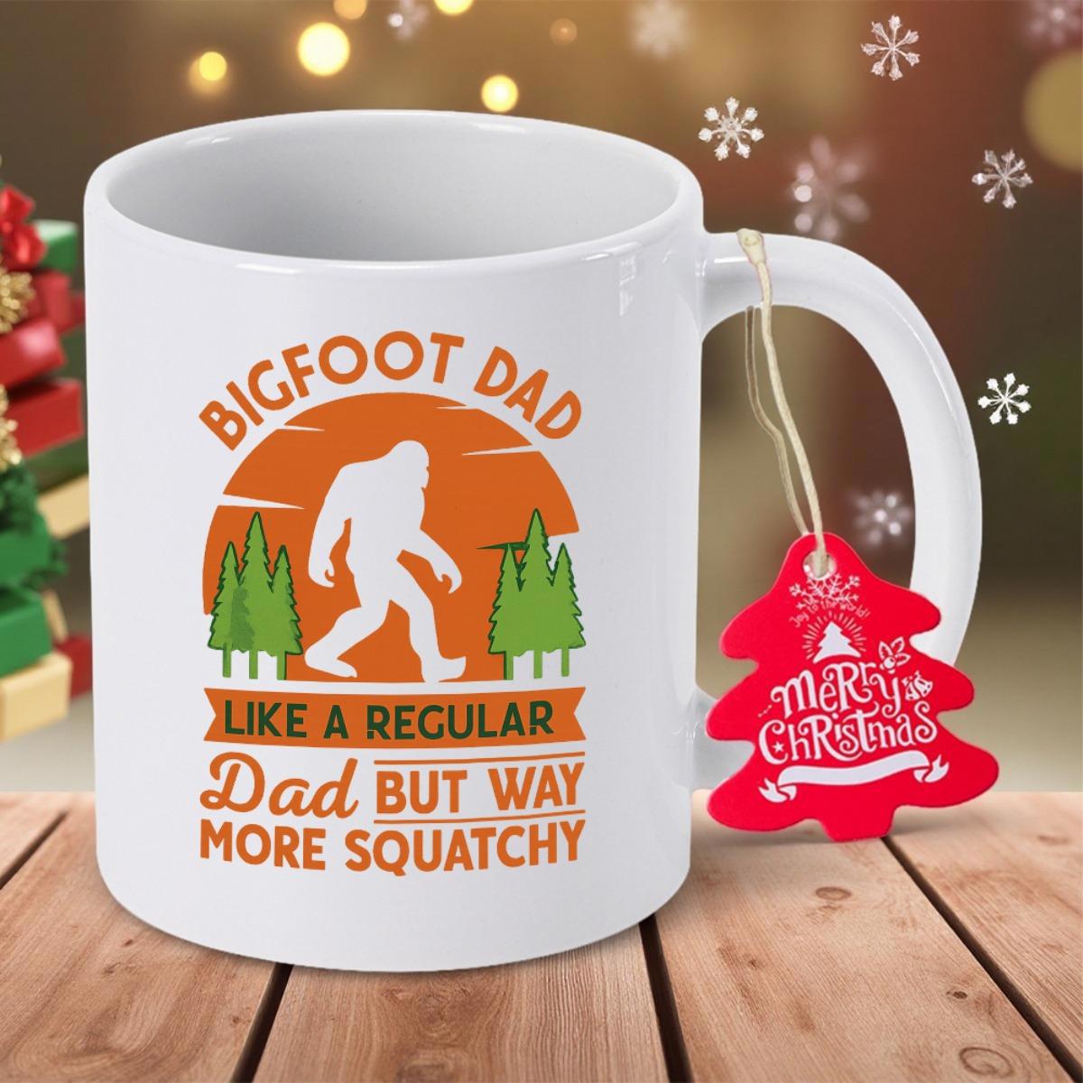 Tailorly White Ceramic 11 oz Mug - Bigfoot Dad Like A Regular Dad But Way More Squatchy Iconic Walking Sasquatch Silhouette Among Pine Trees Under Orange Sunset