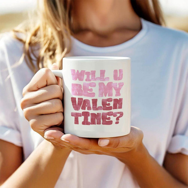 Tailorly White Ceramic 11 oz Mug - Will U Be My Valentine Pink Blocky Textured Letters Showing Romantic Love For Holiday Celebration Mug