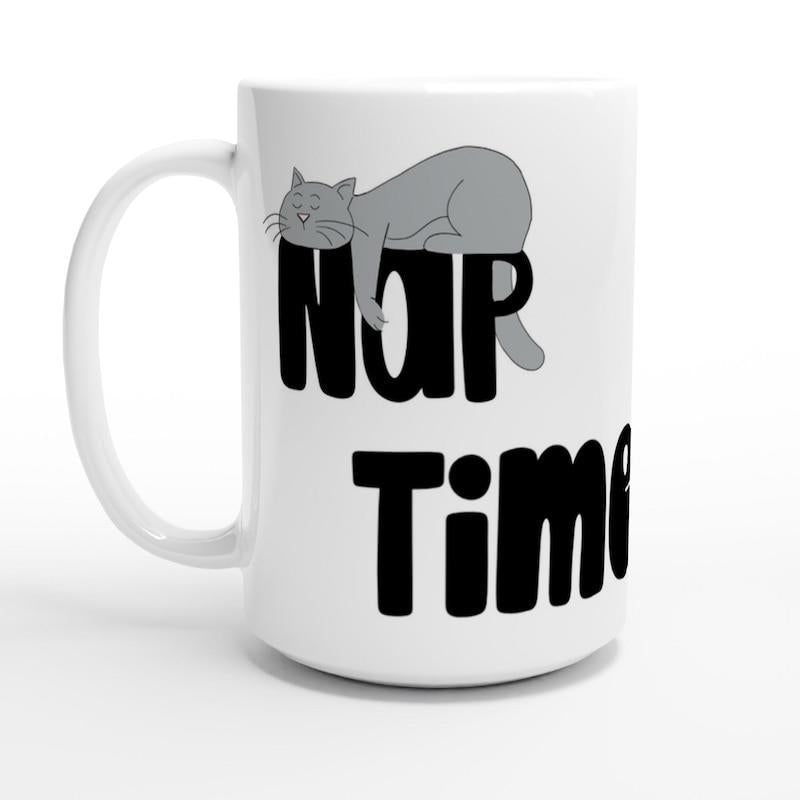 Tailorly White Ceramic 11 oz Mug - Nap Time Adorable Grey Cartoon Feline Resting Peacefully Above Thick Rounded Bold Lettering Cat