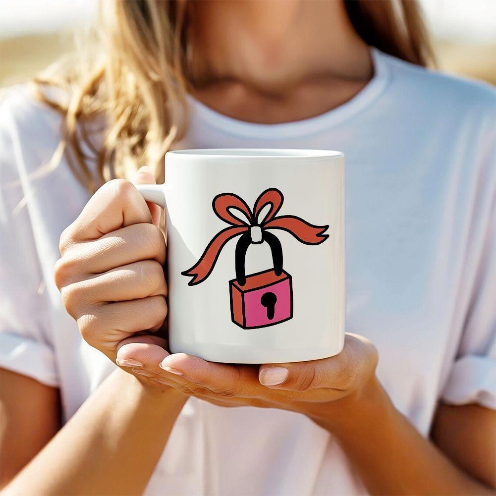 Tailorly White Ceramic 11 oz Mug - Pink Padlock With A Red Ribbon Tied Over The Top Lock