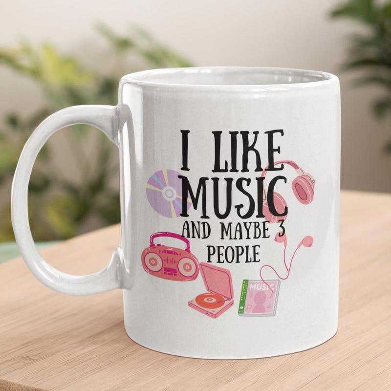 Tailorly White Ceramic 11 oz Mug - I Like Music And Maybe 3 People Vintage Musical Equipment Including Pink Boombox And Record Player Mug
