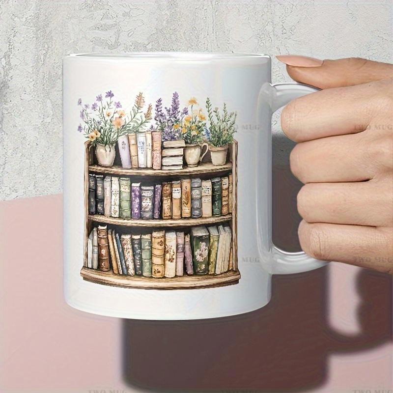 Tailorly White Ceramic 11 oz Mug - Vintage Watercolor Wooden Stand With Potted Flowers And Colorful Old Books Bookshelf