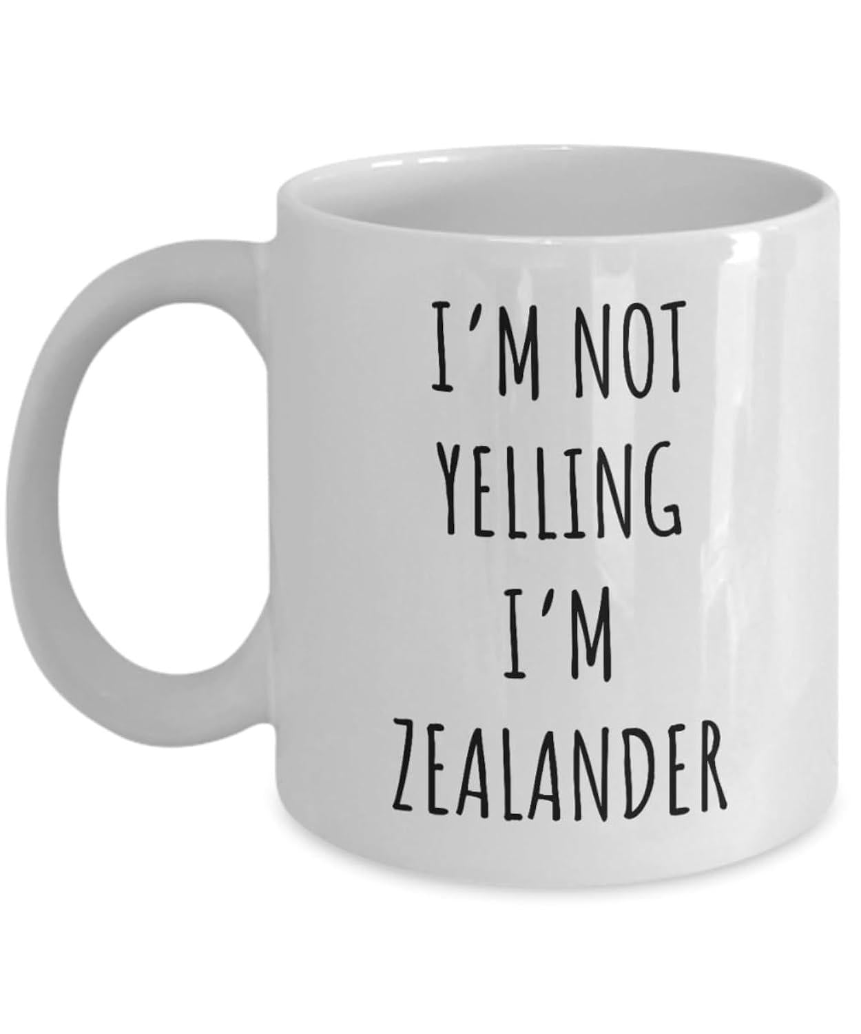Tailorly White Ceramic 11 oz Mug - I'm Not Yelling I'm Zealander Minimalist Tall Black Typography Arranged Vertically On A Clean Background Sign