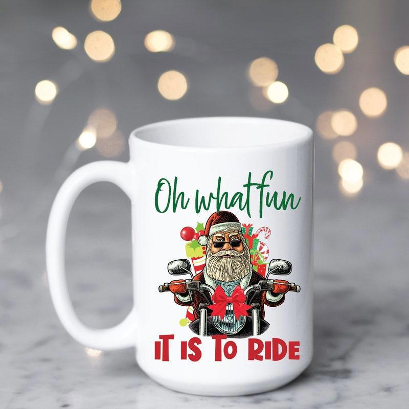 Tailorly White Ceramic 11 oz Mug - Oh What Fun It Is To Ride Festive Cool Santa Riding A Powerful Black Motorcycle With Red Bow Santa