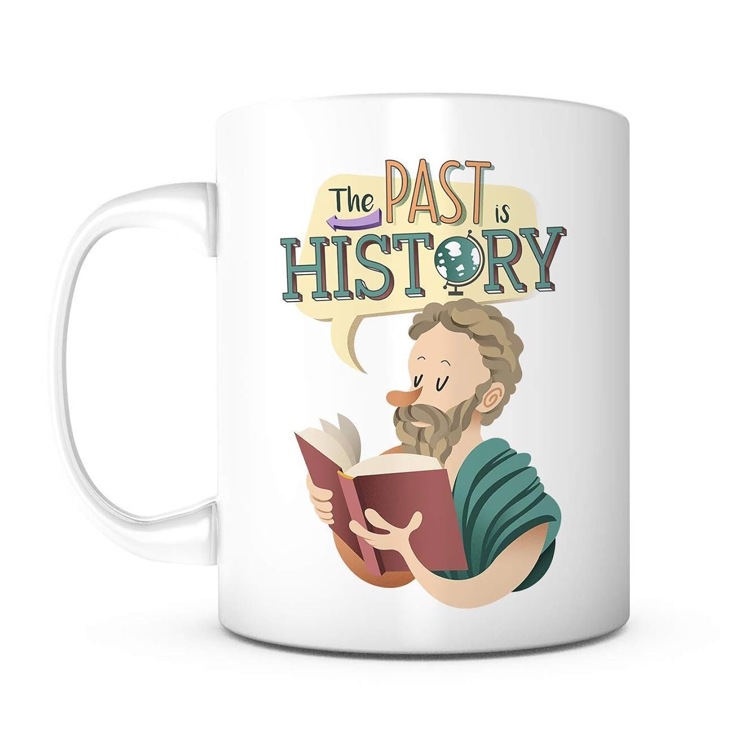 Tailorly White Ceramic 11 oz Mug - The Past Is History Wise Bearded Man Wearing A Green Robe Reading Open Book Philosopher