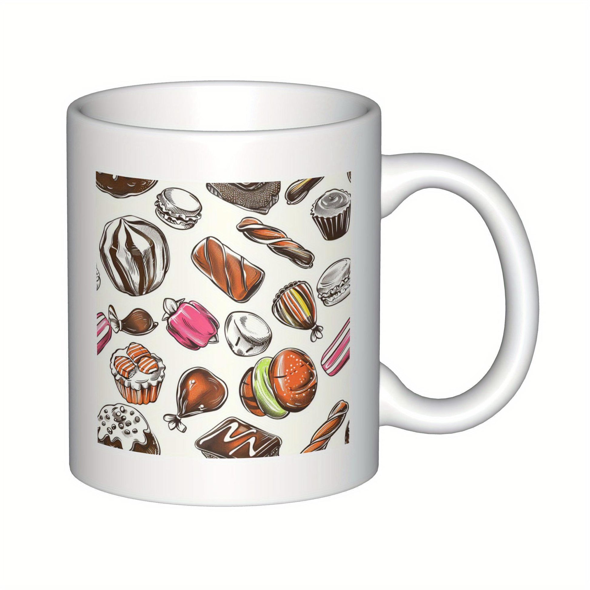 Tailorly White Ceramic 11 oz Mug - Delicious Assorted Hand Drawn Sweets And Pastries Arranged In Colorful Pattern Dessert