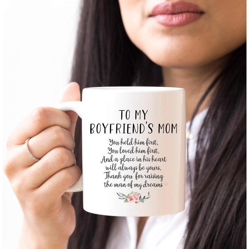 Tailorly White Ceramic 11 oz Mug - To My Boyfriends Mom Delicate Pink Flowers With Lush Green Botanical Leaves Mug