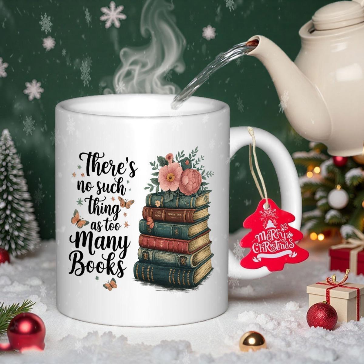 Tailorly White Ceramic 11 oz Mug - There's No Such Thing As Too Many Books Stacked Vintage Hardback Books With Colorful Floral Blooms And Fluttering Butterflies