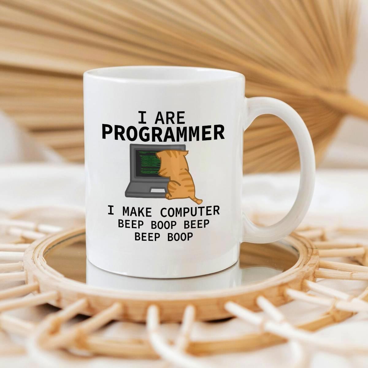 Tailorly White Ceramic 11 oz Mug - I Are Programmer I Make Computer Beep Boop Beep Beep Boop Small Orange Tabby Kitten Focused On Coding At Small Portable Laptop