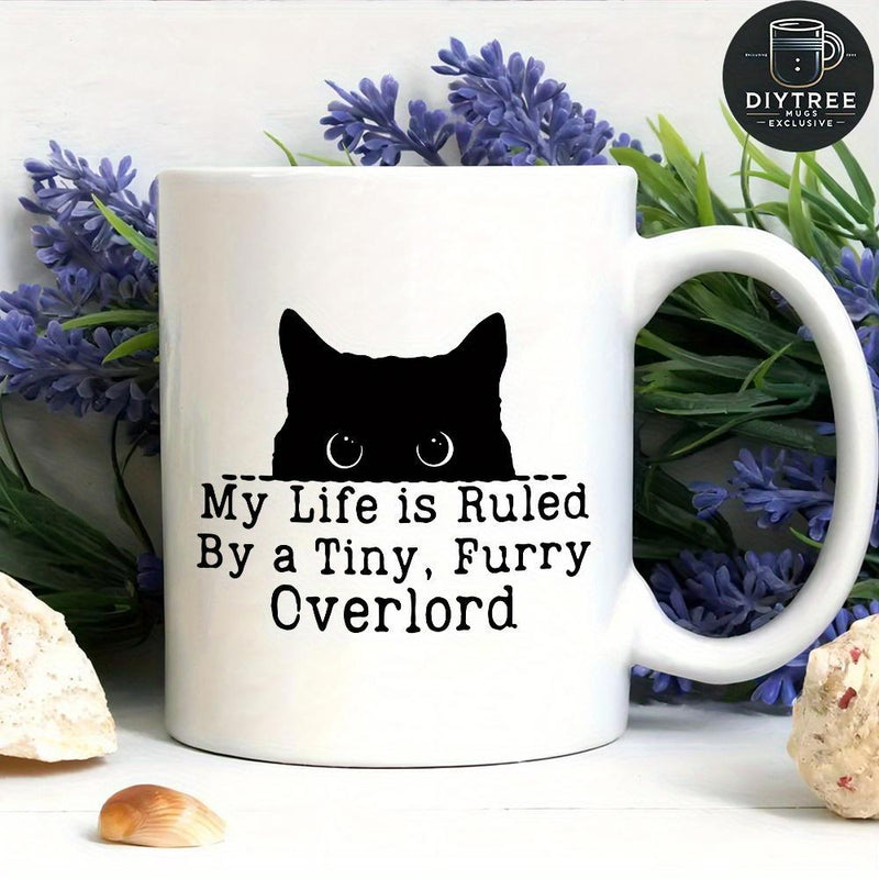 Tailorly White Ceramic 11 oz Mug - My Life Is Ruled By A Tiny Furry Overlord Minimalist Black Peeking Cat Silhouette With Curious Eyes Staring Outward Cat